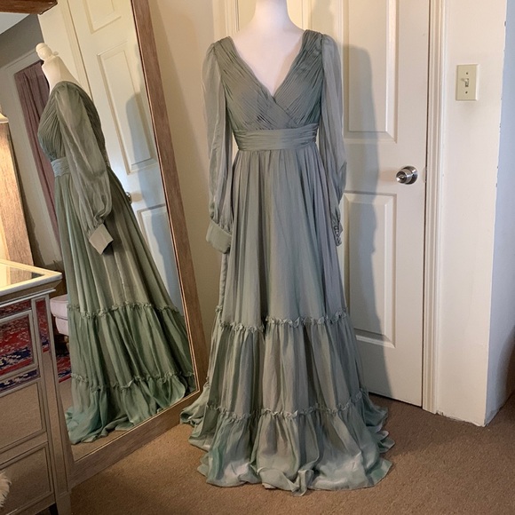 MAC DUGGALFaux Wrap Illusion Bishop Sleeve Tiered Gown